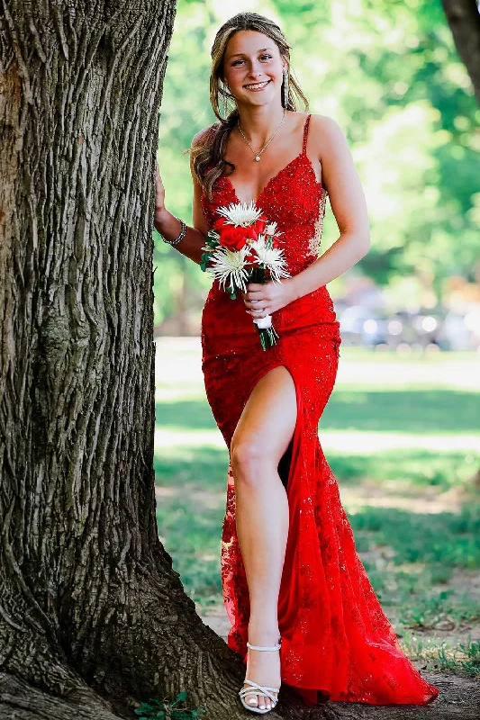 Sparkly Red Mermaid Spaghetti Straps Appliques Long Prom Dress with Slit