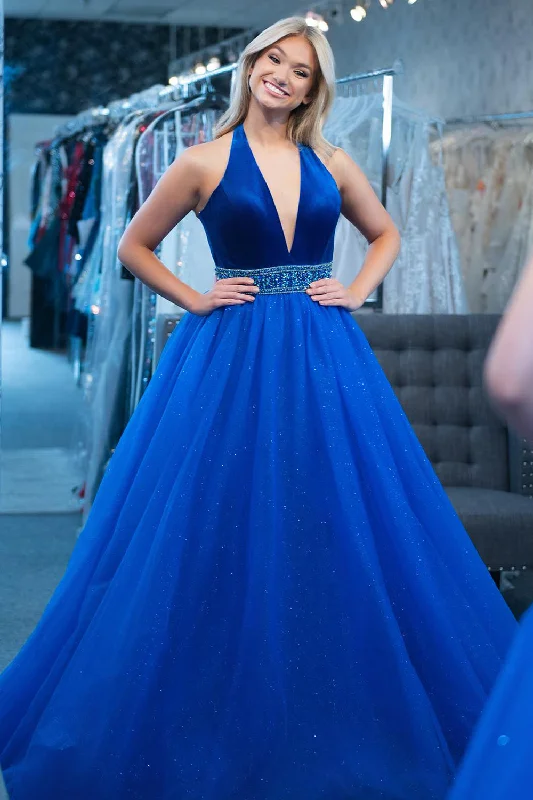 Maxi Women Dress with Floral Print for a Bohemian VibeSparkly Royal Blue A-Line Halter Beaded Tulle Long Prom Dress Maxi Women Dress with Floral Print for a Bohemian VibeSparkly Royal Blue A-Line Halter Beaded Tulle Long Prom Dress