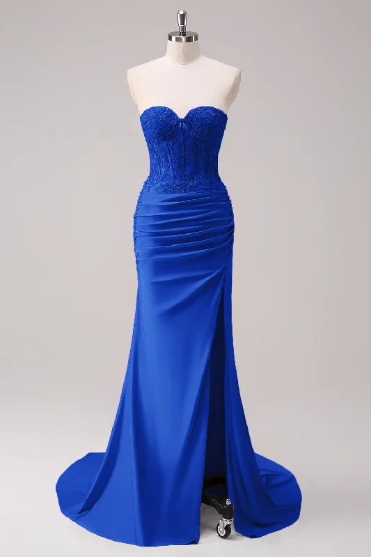 Wrap - Style Women Dress with Adjustable Fit for All Body TypesSparkly Royal Blue Mermaid Strapless Corset Appliques Long Prom Dress with Slit Wrap - Style Women Dress with Adjustable Fit for All Body TypesSparkly Royal Blue Mermaid Strapless Corset Appliques Long Prom Dress with Slit