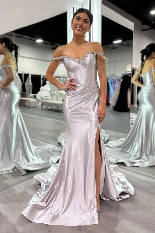 Sparkly Silver Mermaid Off the Shoulder Beaded Satin Corset Long Prom Dress with Slit