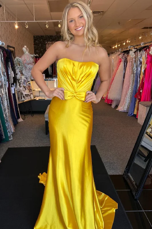 Sleeveless Women Dress in Bright Colors for Summer PartiesSparkly Yellow Mermaid Strapless Ruched Satin Long Prom Dress with Bow Sleeveless Women Dress in Bright Colors for Summer PartiesSparkly Yellow Mermaid Strapless Ruched Satin Long Prom Dress with Bow