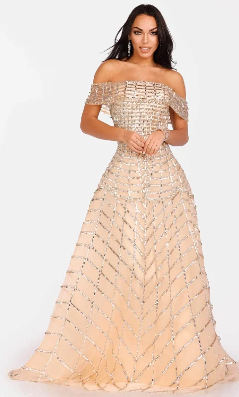 Prom dresses with geometric - cutout sleeves and flowing chiffon fabrics for a modern and airy lookTerani Couture 231GL0400 - Off Shoulder Sequined A-line Gown Prom dresses with geometric - cutout sleeves and flowing chiffon fabrics for a modern and airy lookTerani Couture 231GL0400 - Off Shoulder Sequined A-line Gown