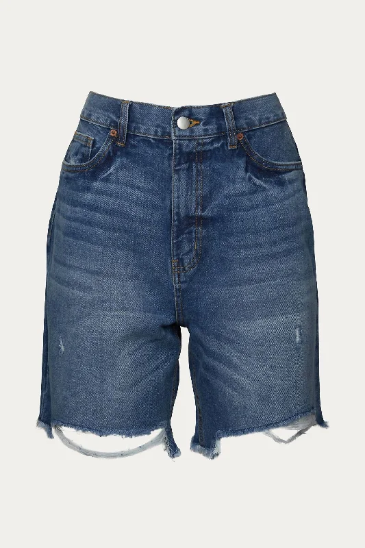 Denim Women Shorts with Distressed Details for a Casual VibeBoyfriend High-Waisted Distressed Denim Short In Blue Denim Women Shorts with Distressed Details for a Casual VibeBoyfriend High-Waisted Distressed Denim Short In Blue