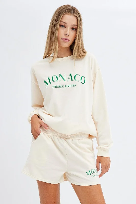 Plus Size Women Shorts with a Comfortable and Stylish FitCream Track Short Monaco Embroidery