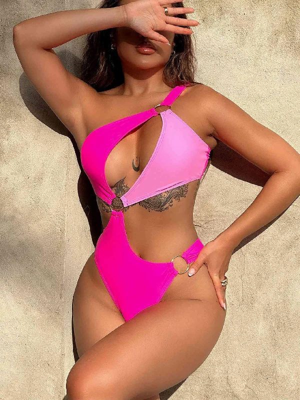 Women's Sleeveless One - Pieces in Yellow with Floral Appliques for a Cheerful and Spring - Like LookOne-Shoulder Cutout Ring Detail One-Piece Swimsuit Women's Sleeveless One - Pieces in Yellow with Floral Appliques for a Cheerful and Spring - Like LookOne-Shoulder Cutout Ring Detail One-Piece Swimsuit