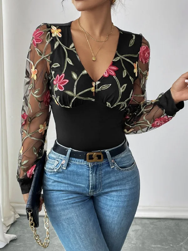 Plus - Size Bodysuits with a Comfortable and Flattering FitPerfee Embroidered V-Neck Long Sleeve Bodysuit