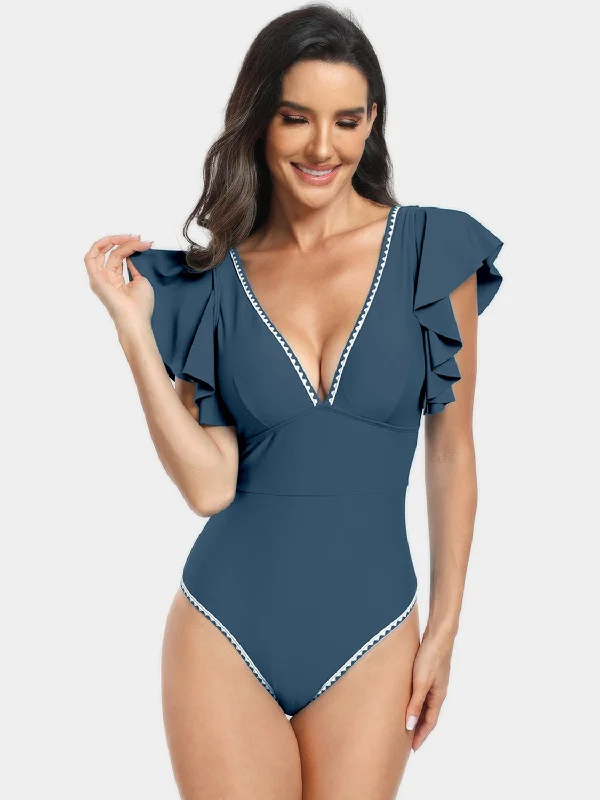 Plunge Cap Sleeve One-Piece Swimwear