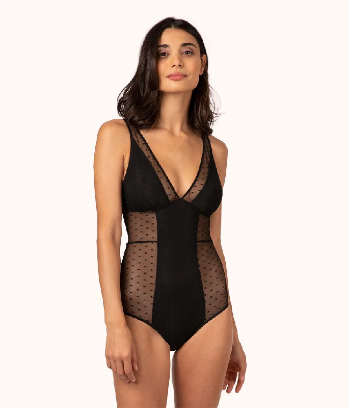 Plus - Size Bodysuits with a Comfortable and Flattering FitThe Dot Mesh Plunge Bodysuit: Jet Black